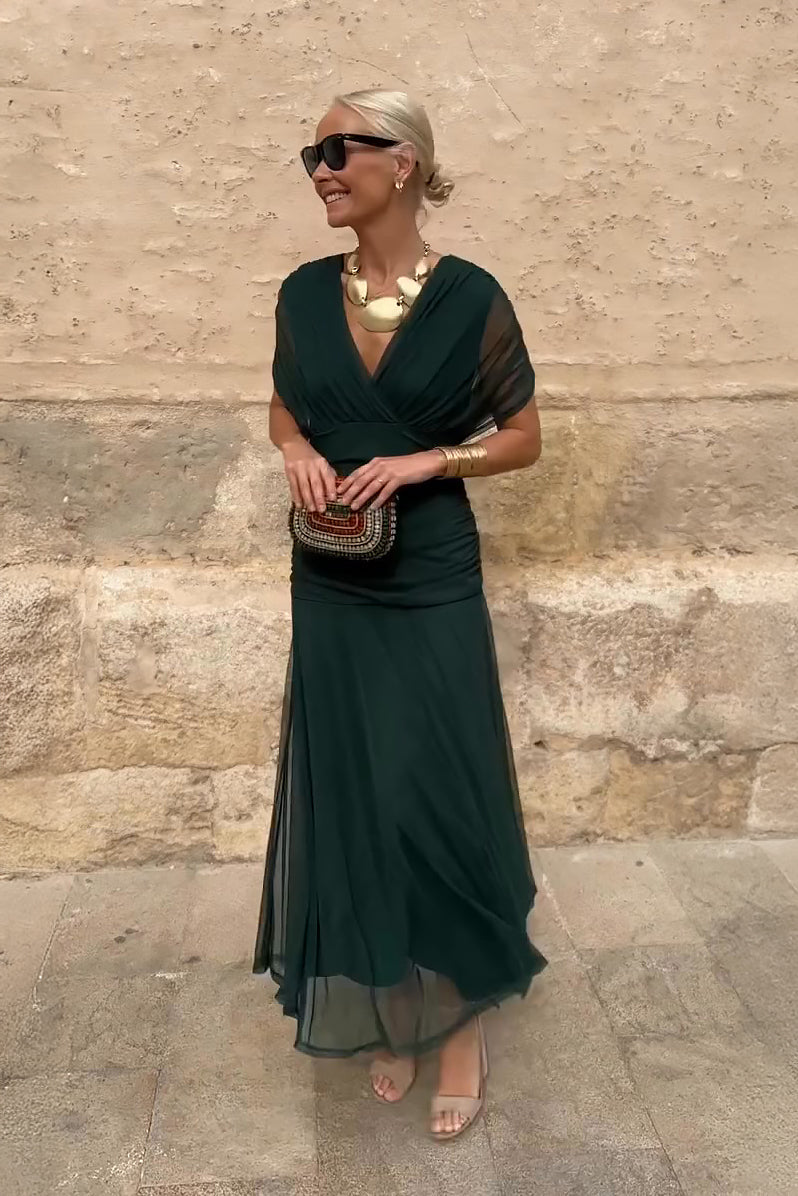 שמלת מקסי ארוכה עם מחשוף V לנשים