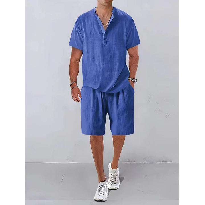 סט פשתן קיצי חולצה שרוול קצר ושורטס לגברים